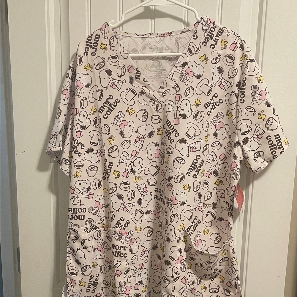 Peanuts White and Black Coffee-Themed Scrub Top - Picture 1 of 4